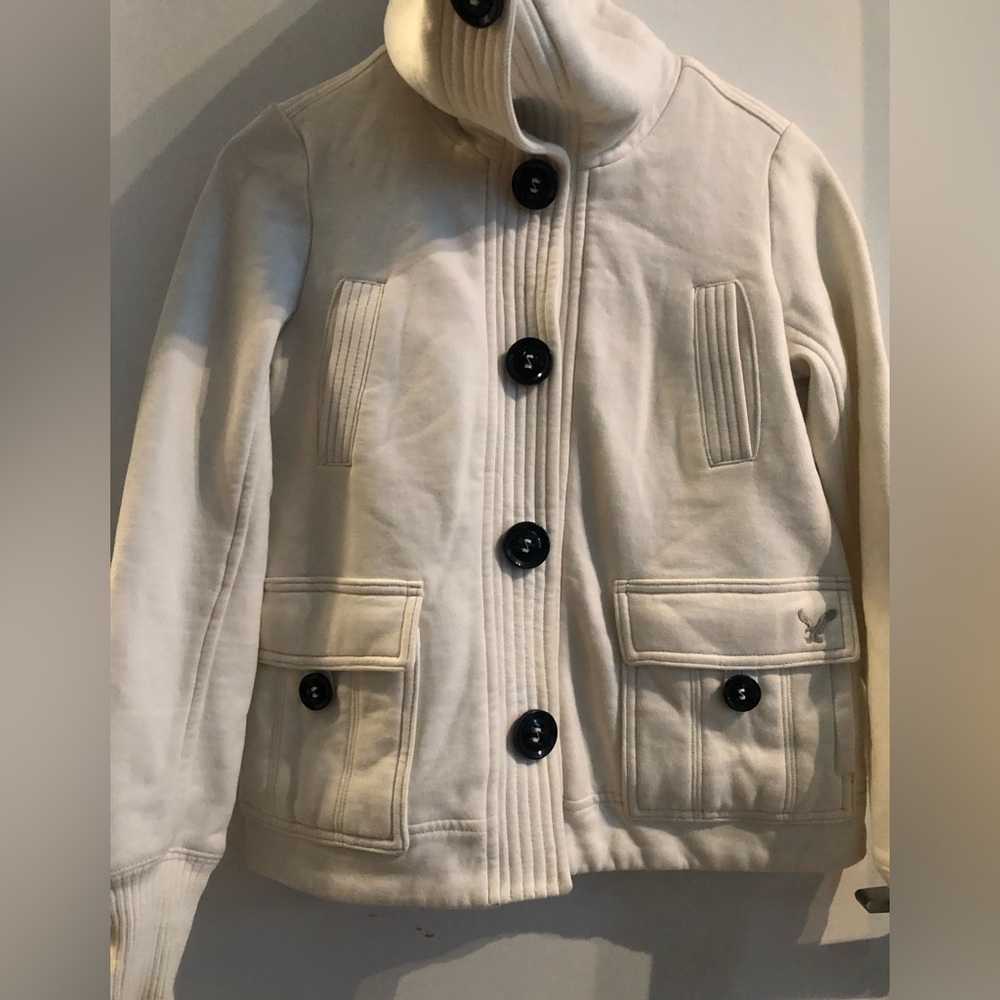 American Eagle Outfitters Cream Bomber Jacket with Black Plaid Collar - Picture 5 of 13